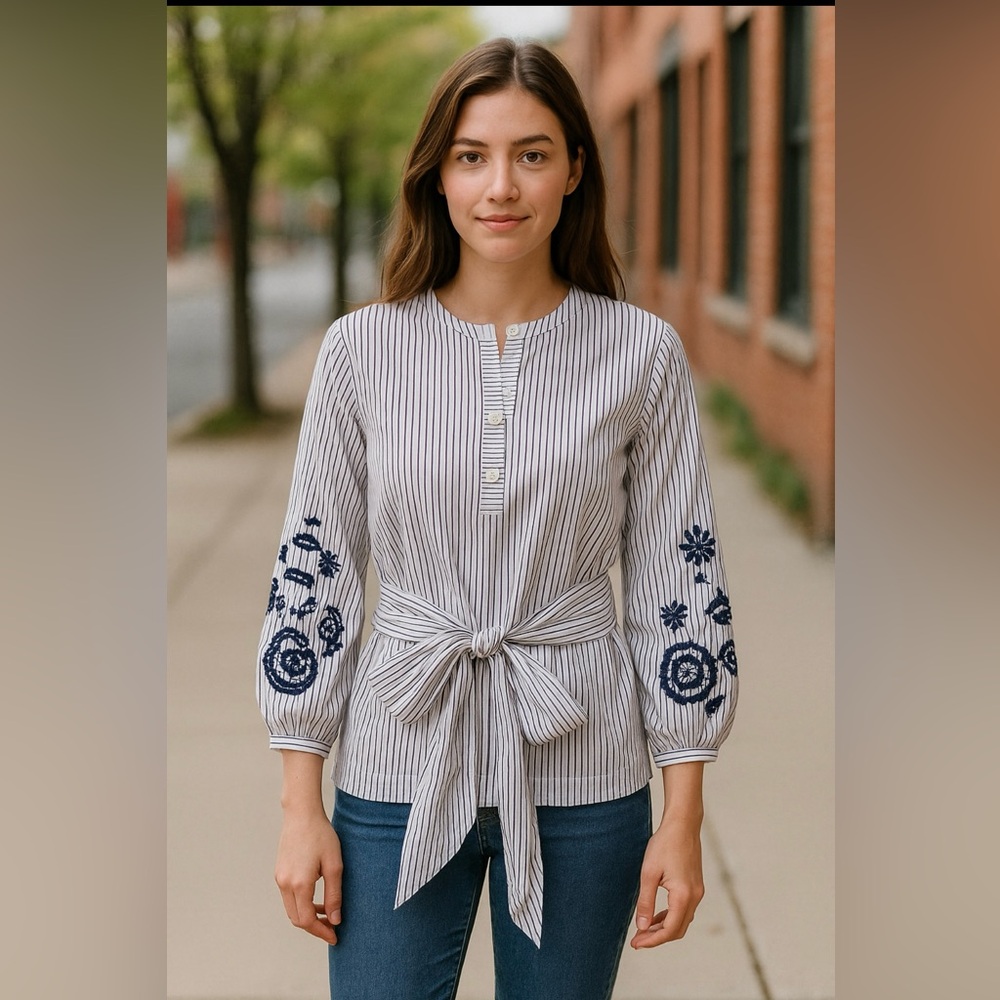 J.Crew XS Striped Tie Waist Top Embroidered Navy Floral Sleeve Cotton Blouse